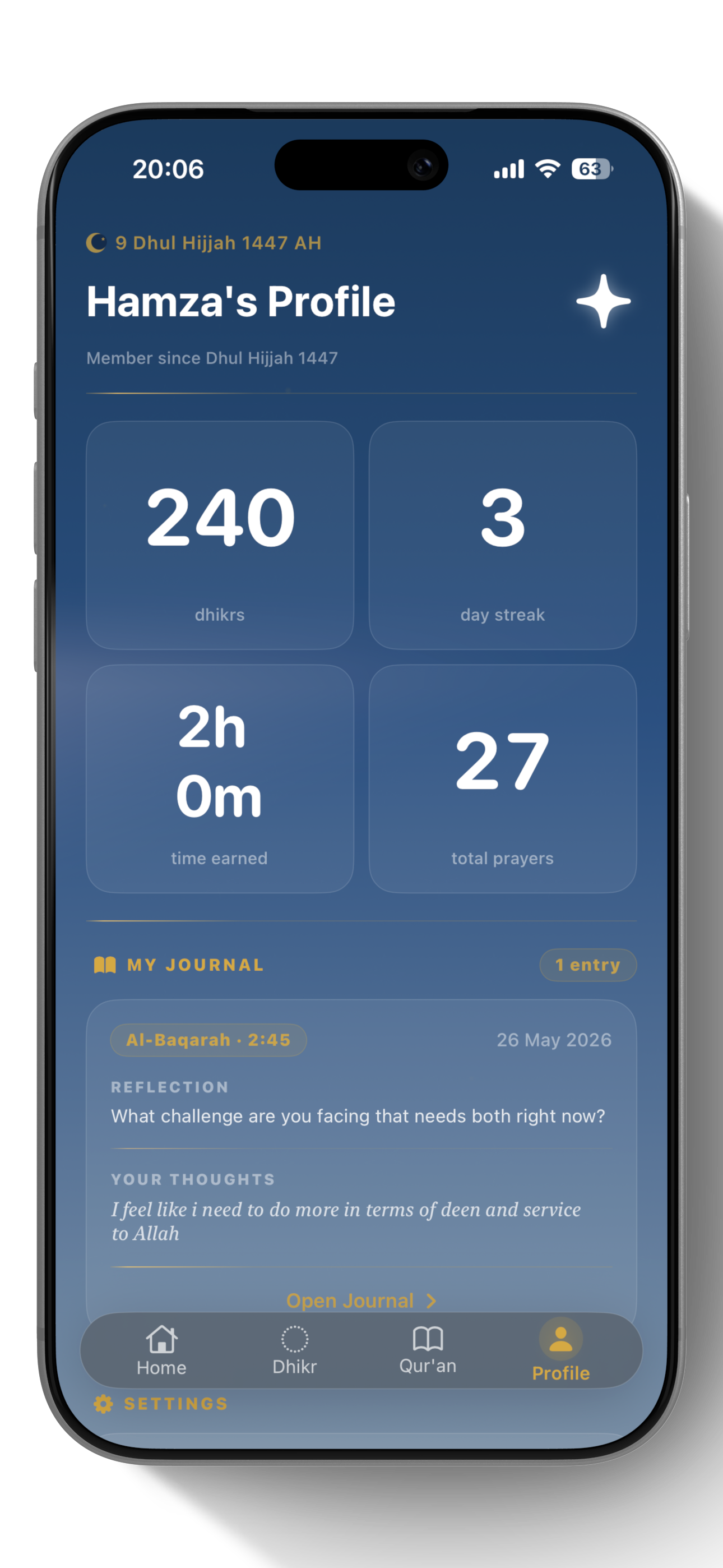 Heed profile showing streaks, dhikr counts and journal