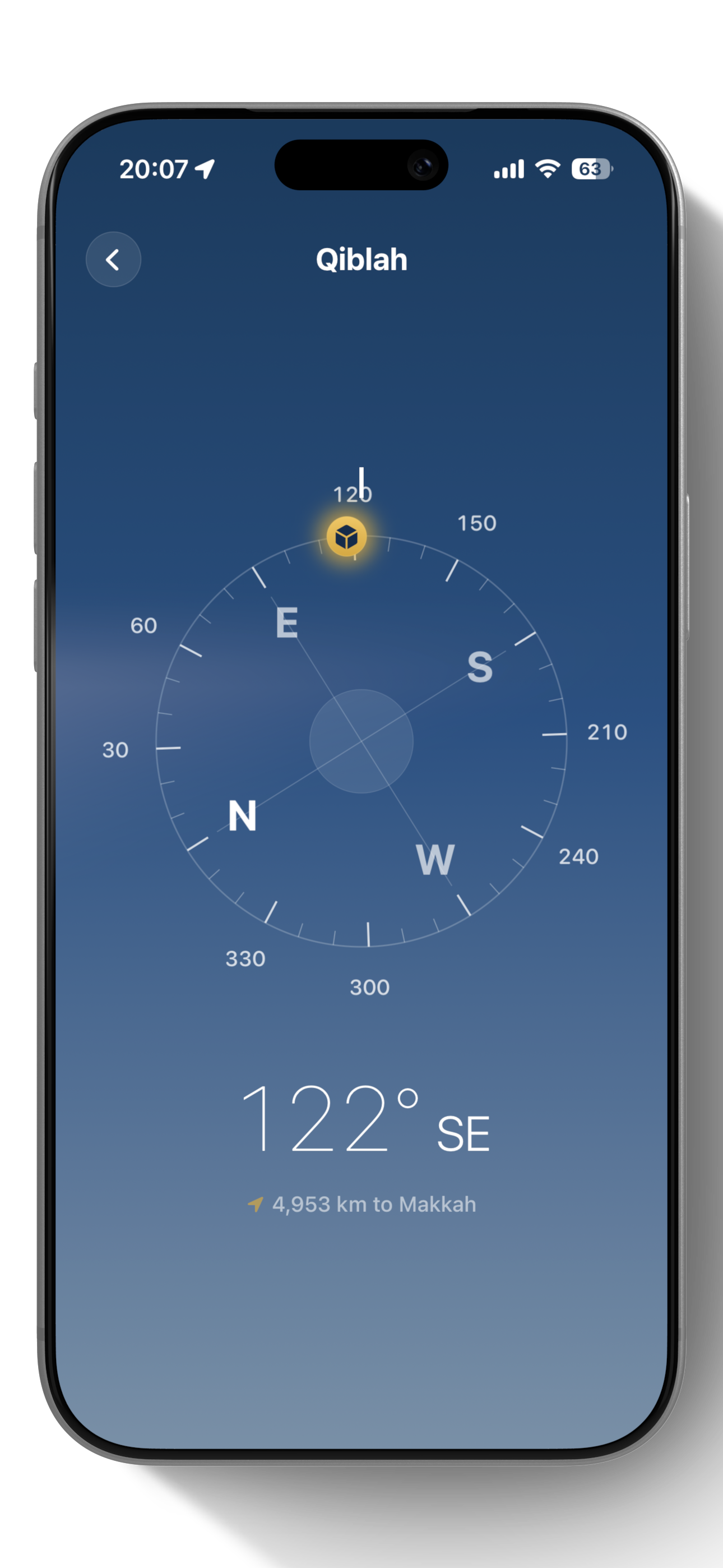 Heed Qibla compass showing direction to Makkah